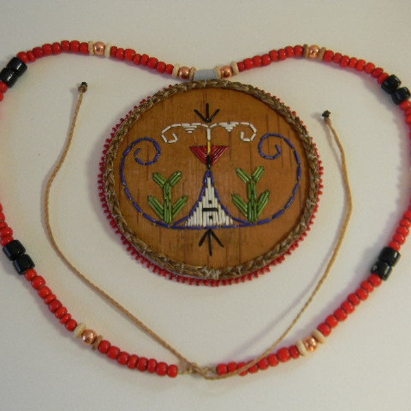 Mi'Kmaq Porcupine Quilled medallion, beaded necklace