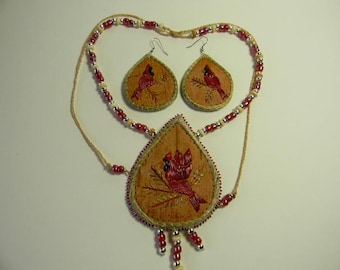 Porcupine Quilled Cardinals, earrings and pendant necklace set, beaded