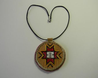 Porcupine Quilled, 8 Pointed Star, Mi'Kmaq, Pendant necklace, Birch Bark, beaded