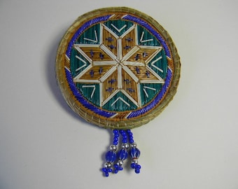 Porcupine Quilled, Sweet Grass, Eight Pointed Star, Birch bark, barrette/ necklace medallion combination