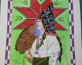 Mi'Kmaq Woman, self portrait, acrylics, original illustration