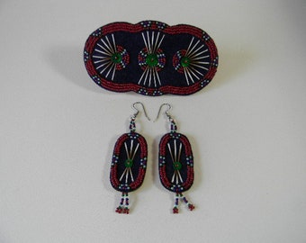 Porcupine Quill, Seed bead, Blue Velvet Barrette and earrings set