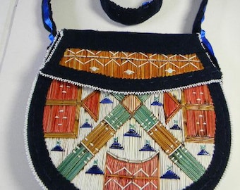 Porcupine Quilled, wool cloth, beaded purse