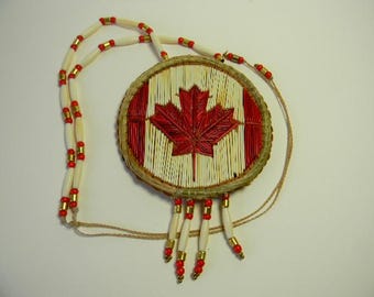 Porcupine Quilled, "Canadian Maple Leaf" medallion necklace, Sweet Grass, Birch bark, beaded