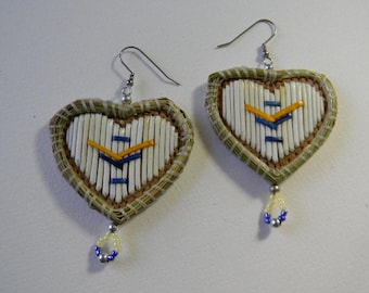 Porcupine Quilled Earrings, Heart Shaped, Blue and Yellow, (3QH)