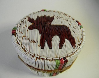Porcupine Quilled, Round, lidded box, Moose Image, restored, vintage