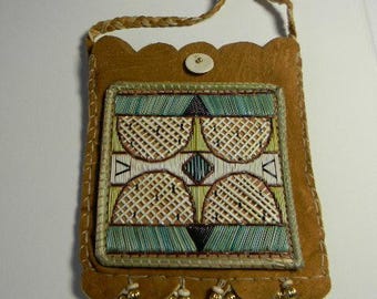 Porcupine Quilled, Brain Tanned deer skin leather hand bag, beads & brass cones