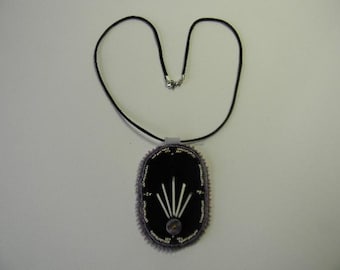 Porcupine Quilled, Wampum button pendant necklace, purple velvet, beaded