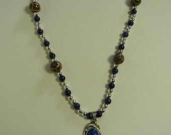 Lapis Lazuli beads, silver beads, hand made beads, silver pendant necklace