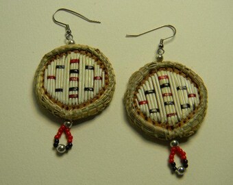 Porcupine Quilled, Round earrings, Red & Black Checkerboard, (2QR)