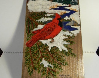 Winter Cardinal, wall hanging, acrylics on native Black Walnut
