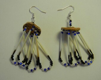 4 Strand, porcupine quilled, beaded earrings, (QE2)