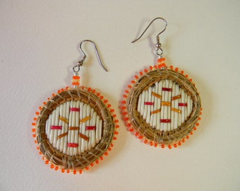 Porcupine Quill, White Birch bark, Sweet Grass, beaded earrings, (2QR)