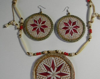 8 Pointed Star Porcupine Quilled, Birch Bark, Sweet Grass, beaded necklace and earring set