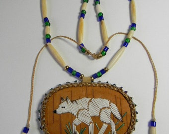 Porcupine Quilled Wolf pendant necklace, bone and beads