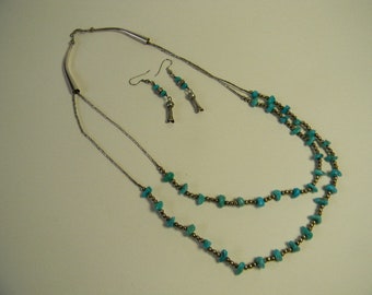 Turquoise necklace, 2 strand, with earrings, as is