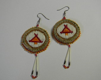 Porcupine Quilled, round, Sweet Grass, Birch bark, beaded earrings, (3QR)