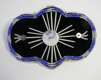 Porcupine Quilled, Wampum button, beaded barrette (large), Black Velvet