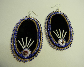 Porcupine Quilled, Black Velvet Cloth, Wampum Button, beaded earrings, (QWE2)