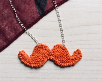 Handmade Knitted Moustache Necklace, Orange