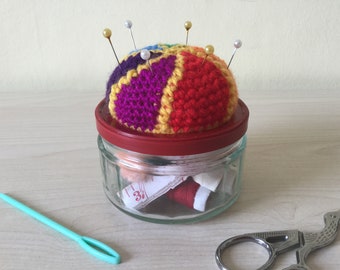 Handmade Upcycled Crochet Pincushion Storage Jar, Rainbow Windmill Pattern
