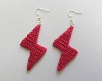 Handmade Crochet Lightning Bolt Earrings, Hot Pink