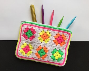 Handmade Crochet Granny Square Pencil Case, Pouch, Project Bag, Make-up Bag, White + Neons