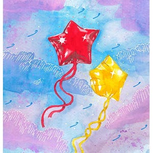 May include: Watercolor painting of two star-shaped balloons floating in a blue and purple sky. One balloon is red with white stars, the other is yellow. Both have flowing ribbons. The artist's signature "Caspur" is in the bottom right.