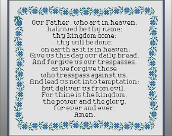 The Lord's Prayer Cross Stitch Pattern with a blue flower vine border. Digital Download