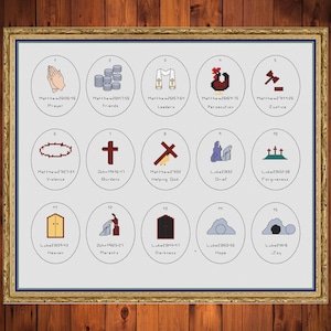 May include: A framed cross-stitch sampler with a gold frame, featuring 15 circular illustrations with religious themes. Each circle contains a small image and text, including words like "Prayer," "Friends," and "Justice."