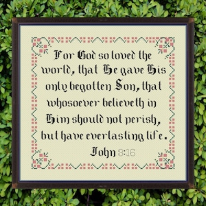 Könnte beinhalten: Ein gerahmtes Kreuzstich-Kunstwerk mit dem Text "For God so loved the world, that He gave His only begotten Son... John 3:16." Der Text ist schwarz, mit rosa und grünen dekorativen Bordüren.