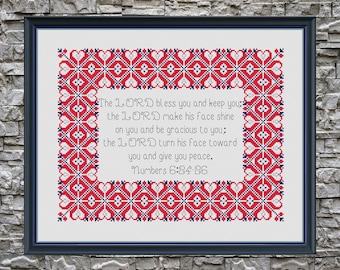 Numbers 6:24-26 Christian Cross Stitch Pattern red geometric border.  Digital Download