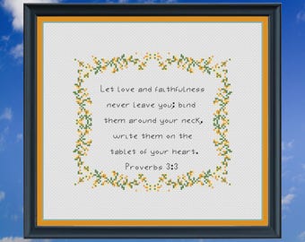 Proverbs 3:3 Christian Cross Stitch Pattern wildflower border. Digital Download