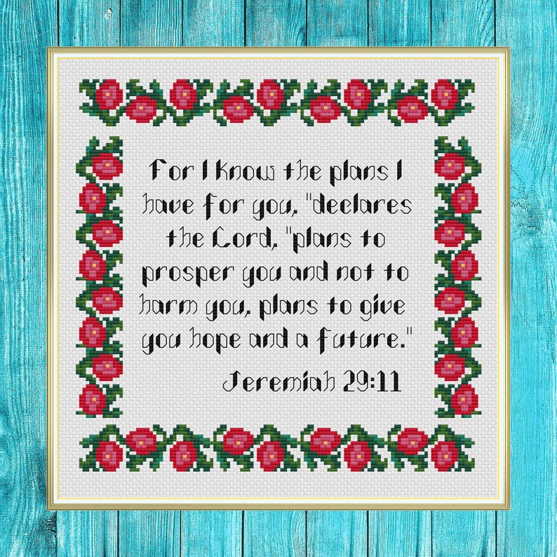 Jeremiah 29:11 Christian Cross Stitch Pattern Red Poppy Border. Digital ...
