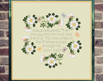 John 14:6 Christian Cross Stitch Bible NIV Verse Pattern Jesus I am the way the truth and the life Beginner level project for home or school