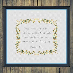 Psalm 91:1 Kristet korsstygnsmönster med vildblommig kant. Digital nedladdning