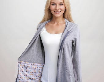 Post Mastectomy Hoodie with Surgical Drain Pockets Long Sleeve Lightweight