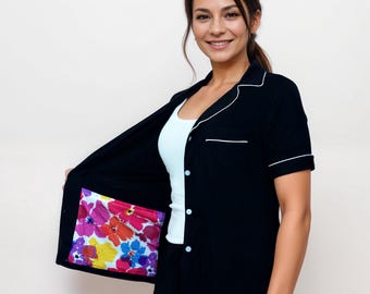 Mastectomy Pajama Pants Short Sleeve Set with Surgical Drain Pockets Gift
