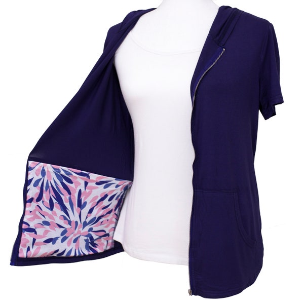 Mastectomy Hoodie with Surgical Drain Pouch Pockets Short Sleeve