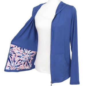 Post Mastectomy Hoodie with Surgical Drain Pockets Long Sleeve Lightweight Blue