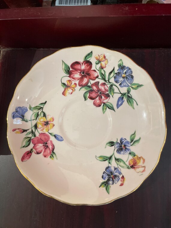 Vintage Colclough Pink Bone China Saucer with Yellow Pink Purple Flowers Made in England Scalloped Edge Gold Trim Numbered 8008 Backstamp
