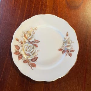 Vintage China Plate Queen Anne &#39;Autumn Rose&#39; has scalloped edges with gold trim