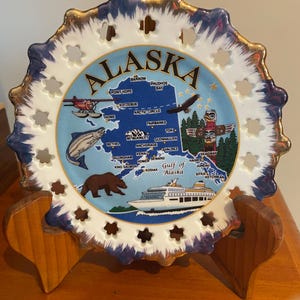 Vintage Alaska Souvenir Plate. Decorative Collector State Plate with Map and Landmarks, Gold Trim & Cut-Out Edge