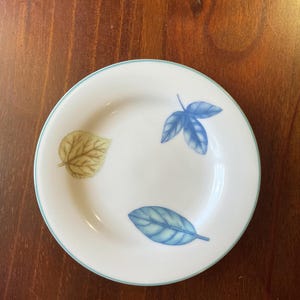May include: A white ceramic plate with a blue and green leaf design. The plate has a light blue rim.