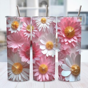 3D Pink And White Flowers 20 oz Skinny Tumbler Sublimation Design, Straight Tumbler Wrap, Instant Digital Download PNG