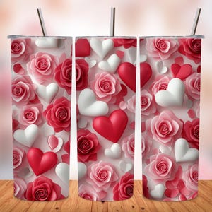 Red Hearts with rose Tumbler Wrap, Seamless Red Valentine Pattern 20 Oz Sublimation Tumbler PNG Design, Shabby Red Hearts Tumbler Design