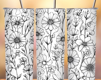 Floral Tumbler Wrap: Black and White Flowers, 20 oz Skinny Tumbler (Digital Download PNG)
