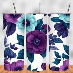 Teal and Purple Flowers 20oz Tumbler Wrap, PNG Tumbler Design Sublimation, Digital Designs Downloads, Seamless Download