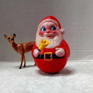 Vintage Santa, Roly Poly Bell Ringer, Chiming, Cheerful Face, Rosy Cheeks, Holiday Vignette, Hard Plastic, Gold Bell, Retro Decoration image 1