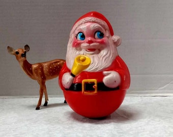 Vintage Santa, Roly Poly Bell Ringer, Chiming, Cheerful Face, Rosy Cheeks, Holiday Vignette, Hard Plastic, Gold Bell, Retro Decoration